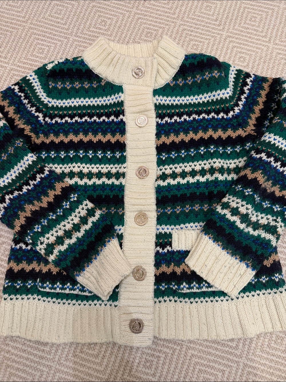 Talbots Cream, Green & Navy Fair Isle Button Cardigan